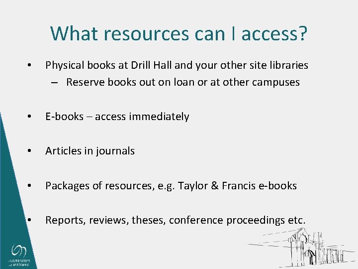 What resources can I access? • Physical books at Drill Hall and your other