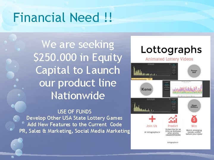 Financial Need !! We are seeking $250. 000 in Equity Capital to Launch our Financial Need !! We are seeking $250. 000 in Equity Capital to Launch our