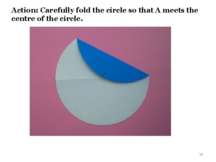 Action: Carefully fold the circle so that A meets the centre of the circle.