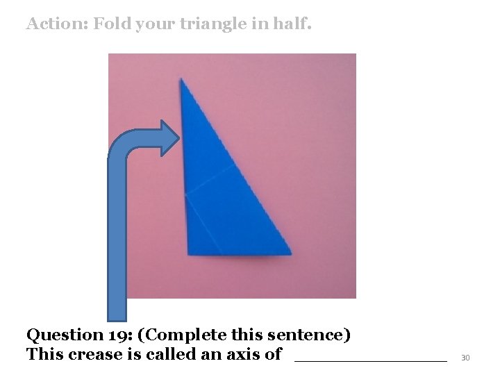 Action: Fold your triangle in half. Question 19: (Complete this sentence) This crease is