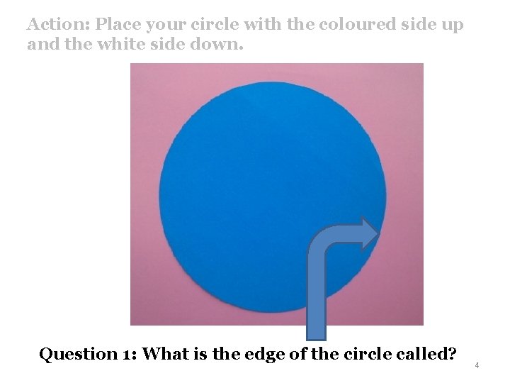 Action: Place your circle with the coloured side up and the white side down.