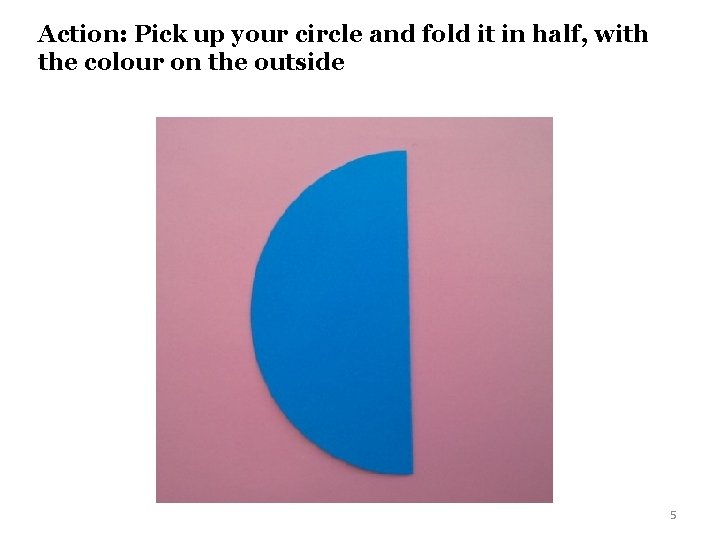Action: Pick up your circle and fold it in half, with the colour on