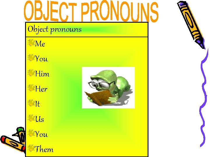 Object pronouns Me You Him Her It Us You Them 