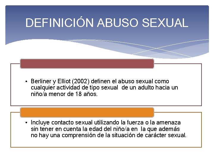 DEFINICIÓN ABUSO SEXUAL • Berliner y Elliot (2002) definen el abuso sexual como cualquier