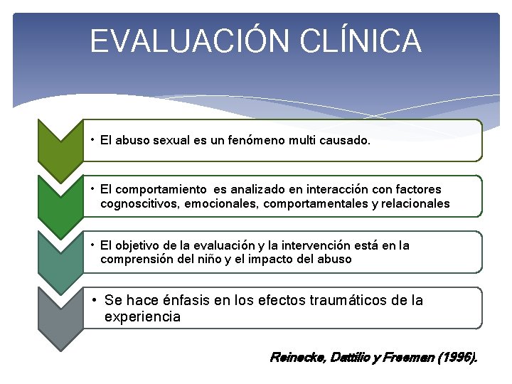 EVALUACIÓN CLÍNICA • El abuso sexual es un fenómeno multi causado. • El comportamiento