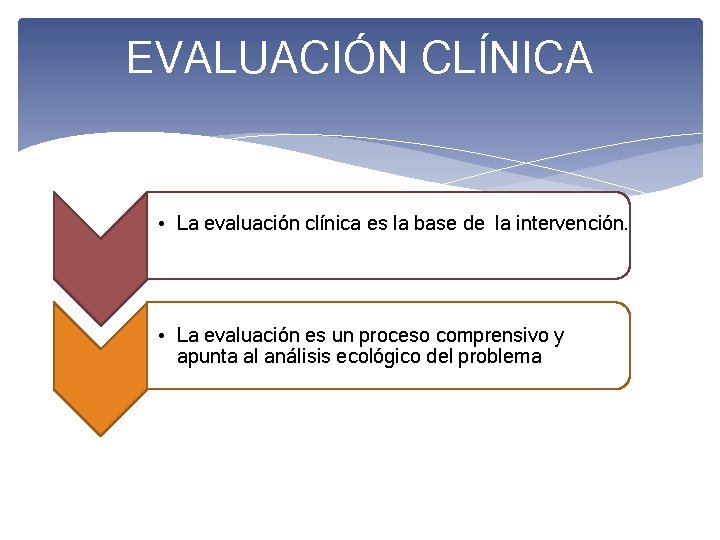 EVALUACIÓN CLÍNICA • La evaluación clínica es la base de la intervención. • La