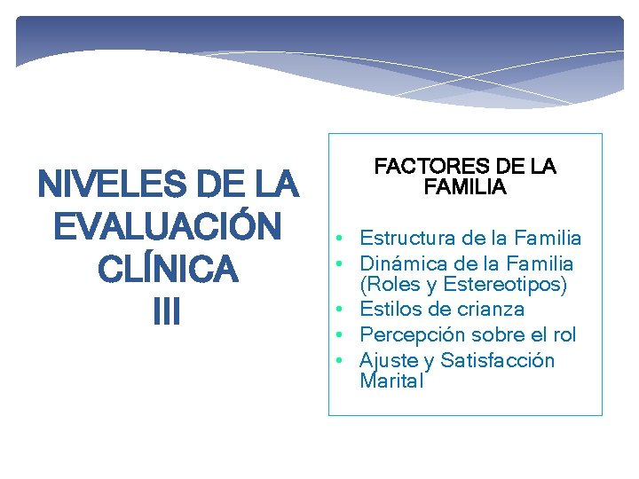 NIVELES DE LA EVALUACIÓN CLÍNICA III FACTORES DE LA FAMILIA • Estructura de la