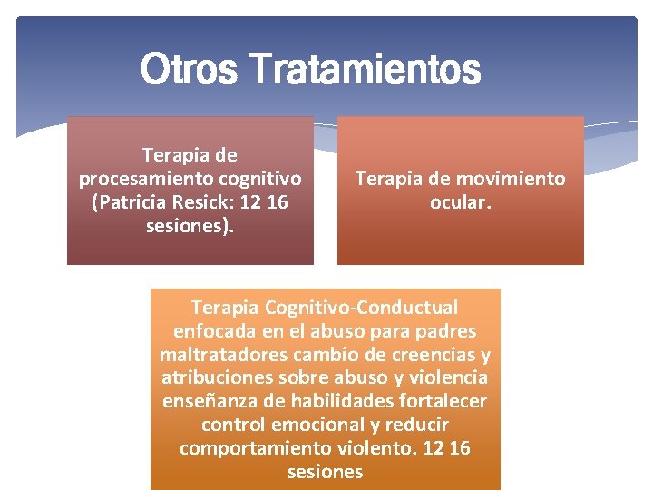 Otros Tratamientos Terapia de procesamiento cognitivo (Patricia Resick: 12 16 sesiones). Terapia de movimiento