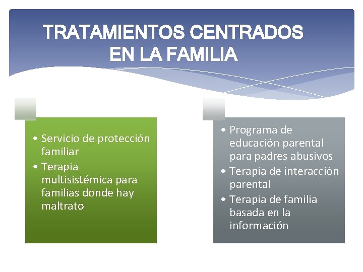 TRATAMIENTOS CENTRADOS EN LA FAMILIA • Servicio de protección familiar • Terapia multisistémica para