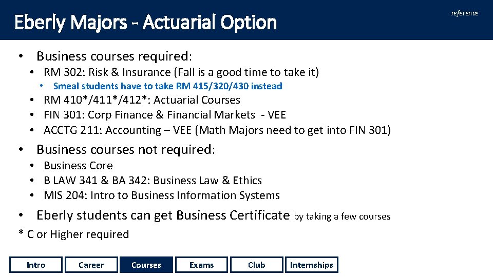 reference Eberly Majors - Actuarial Option • Business courses required: • RM 302: Risk