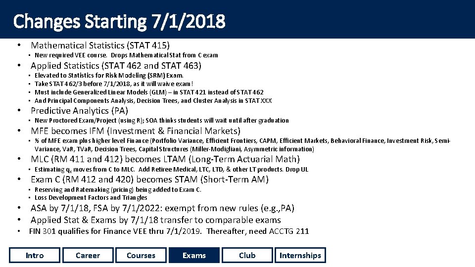Changes Starting 7/1/2018 • Mathematical Statistics (STAT 415) • New required VEE course. Drops