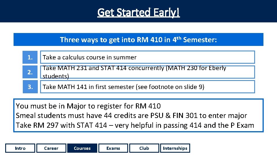Get Started Early! Three ways to get into RM 410 in 4 th Semester:
