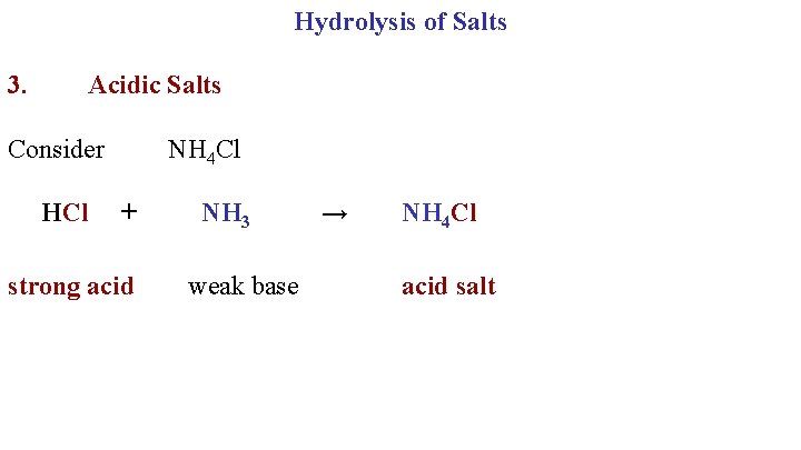Hydrolysis of Salts 3. Acidic Salts Consider NH 4 Cl HCl + NH 3