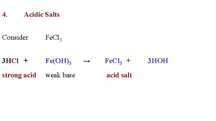  4. Acidic Salts Consider Fe. Cl 3 3 HCl + Fe(OH)3 weak base