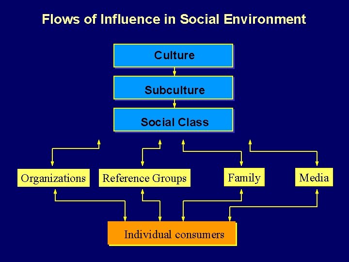 Flows of Influence in Social Environment Culture Subculture Social Class Organizations Reference Groups Individual