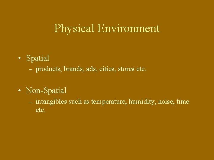 Physical Environment • Spatial – products, brands, ads, cities, stores etc. • Non-Spatial –