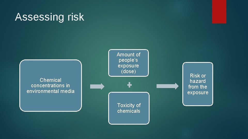 Assessing risk Amount of people’s exposure (dose) Chemical concentrations in environmental media Toxicity of