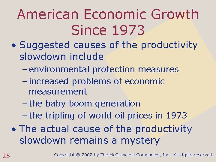 American Economic Growth Since 1973 • Suggested causes of the productivity slowdown include –