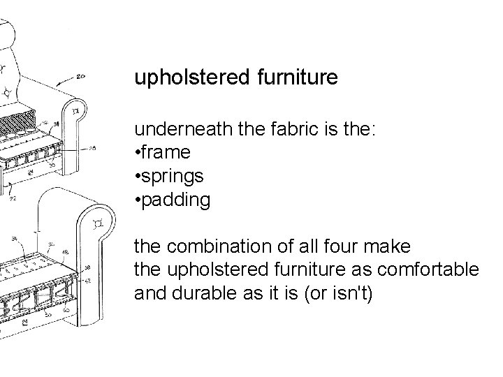upholstered furniture underneath the fabric is the: • frame • springs • padding the