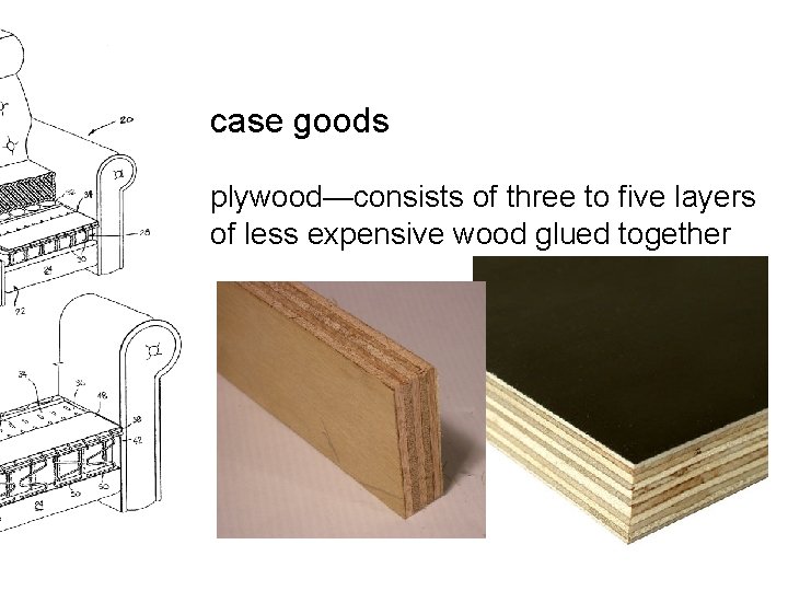 case goods plywood—consists of three to five layers of less expensive wood glued together