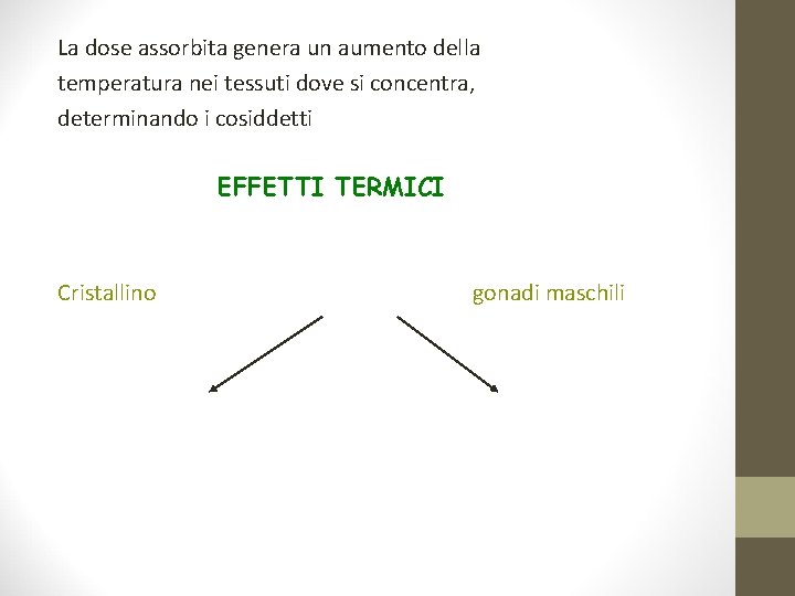 La dose assorbita genera un aumento della temperatura nei tessuti dove si concentra, determinando