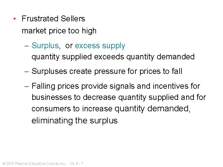  • Frustrated Sellers market price too high – Surplus, or excess supply quantity