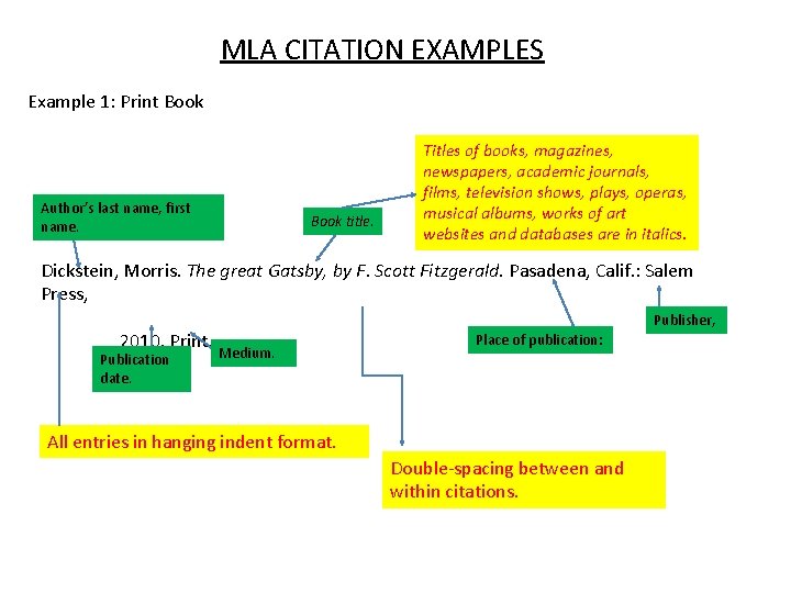 MLA CITATION EXAMPLES Example 1: Print Book Author’s last name, first name. Book title.