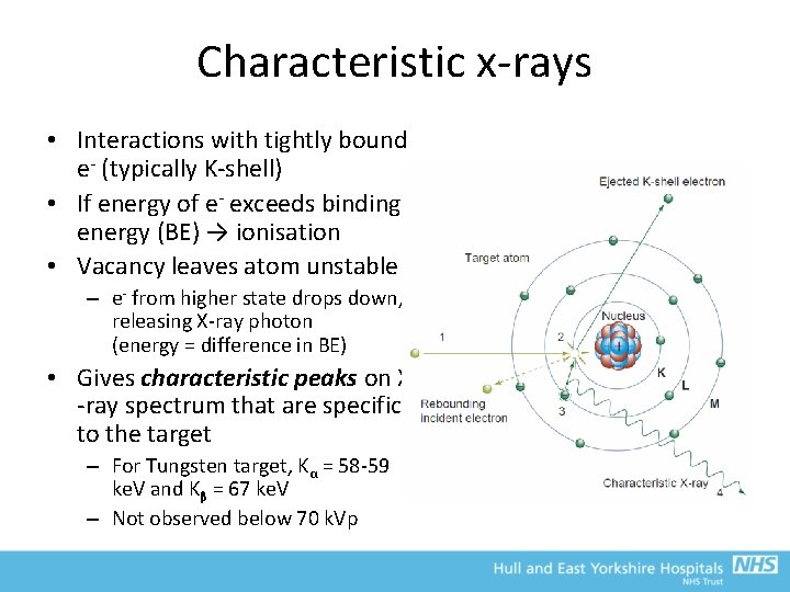 Characteristic x-rays • Interactions with tightly bound e- (typically K-shell) • If energy of