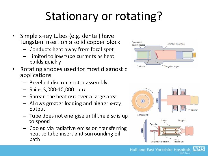 Stationary or rotating? • Simple x-ray tubes (e. g. dental) have tungsten insert on