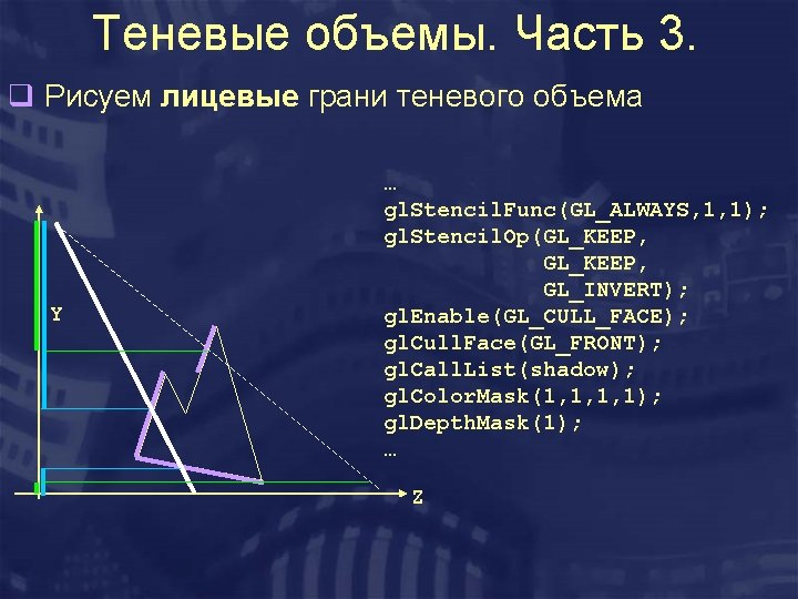 Теневые объемы. Часть 3. q Рисуем лицевые грани теневого объема Y … gl. Stencil.