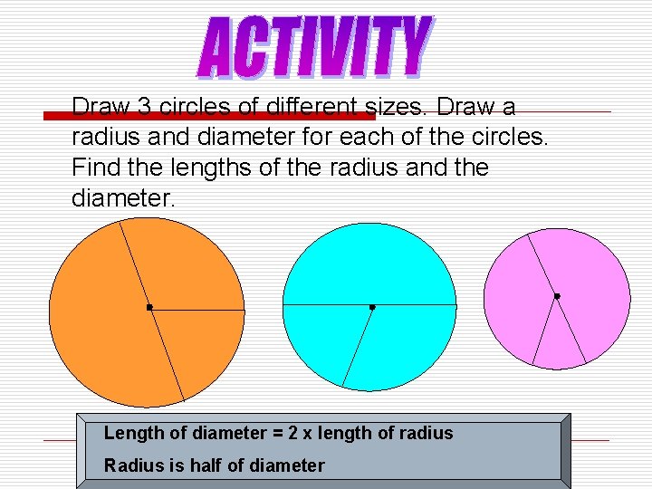 Draw 3 circles of different sizes. Draw a radius and diameter for each of