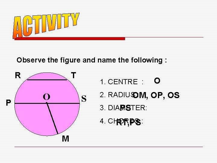 Observe the figure and name the following : R P T O. 1. CENTRE