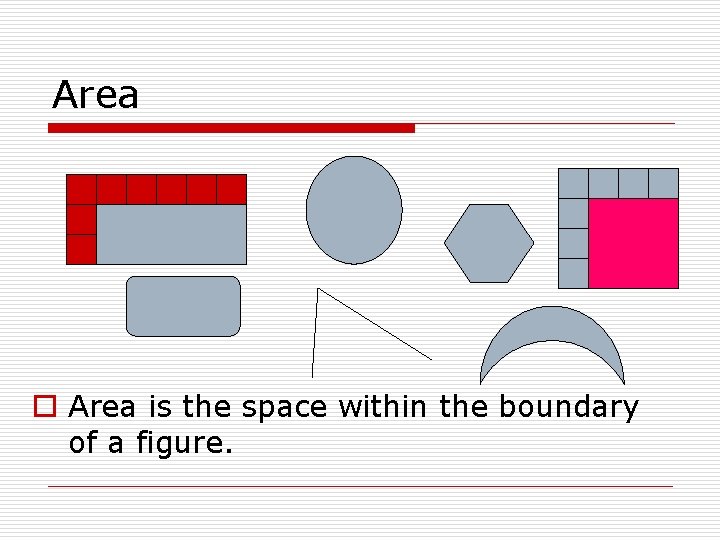 Area o Area is the space within the boundary of a figure. 