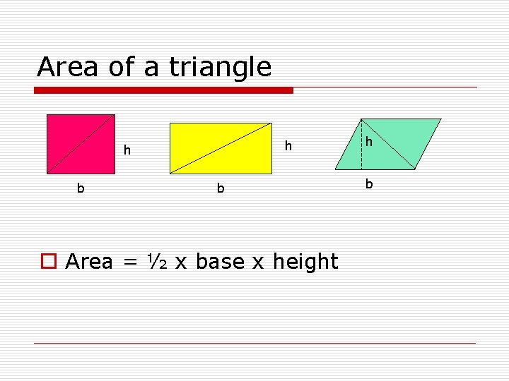 Area of a triangle h h b b o Area = ½ x base