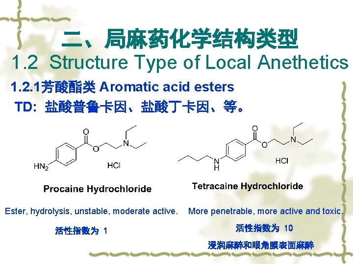 二、局麻药化学结构类型 1. 2 Structure Type of Local Anethetics 1. 2. 1芳酸酯类 Aromatic acid esters