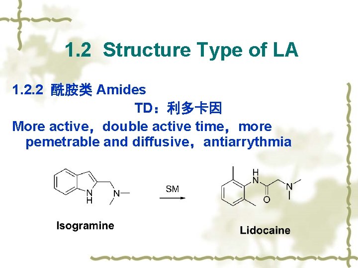 1. 2 Structure Type of LA 1. 2. 2 酰胺类 Amides TD：利多卡因 More active，double