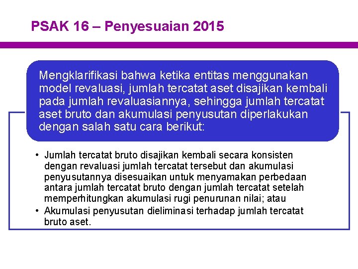 PSAK 16 – Penyesuaian 2015 Mengklarifikasi bahwa ketika entitas menggunakan model revaluasi, jumlah tercatat