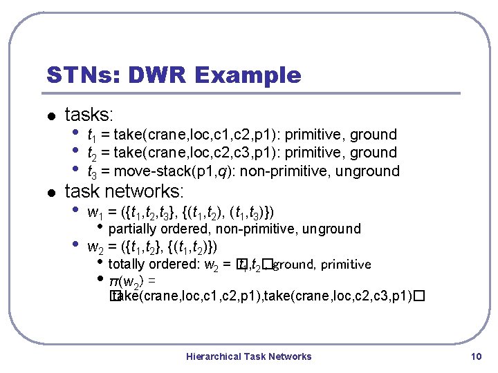 STNs: DWR Example l l tasks: • • • t 1 = take(crane, loc, STNs: DWR Example l l tasks: • • • t 1 = take(crane, loc,