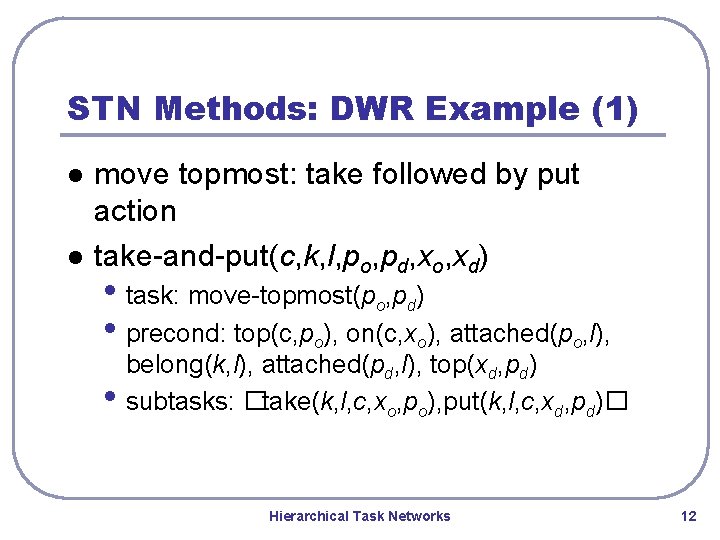 STN Methods: DWR Example (1) l l move topmost: take followed by put action STN Methods: DWR Example (1) l l move topmost: take followed by put action