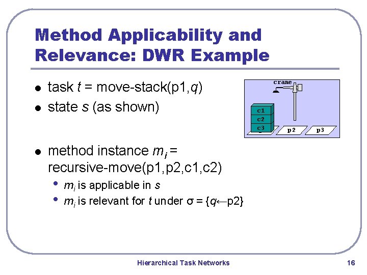 Method Applicability and Relevance: DWR Example l l l task t = move-stack(p 1, Method Applicability and Relevance: DWR Example l l l task t = move-stack(p 1,