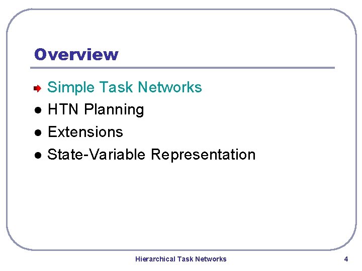 Overview l l l Simple Task Networks HTN Planning Extensions State-Variable Representation Hierarchical Task Overview l l l Simple Task Networks HTN Planning Extensions State-Variable Representation Hierarchical Task