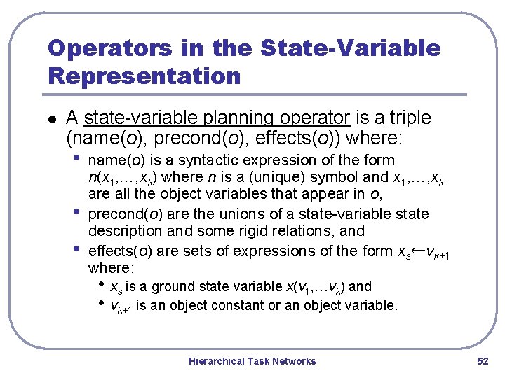 Operators in the State-Variable Representation l A state-variable planning operator is a triple (name(o), Operators in the State-Variable Representation l A state-variable planning operator is a triple (name(o),