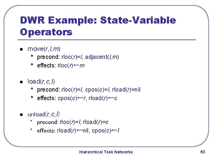 DWR Example: State-Variable Operators l l l move(r, l, m) • • precond: rloc(r)=l, DWR Example: State-Variable Operators l l l move(r, l, m) • • precond: rloc(r)=l,