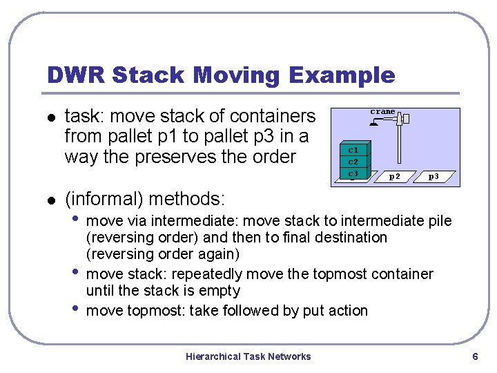 DWR Stack Moving Example l l task: move stack of containers from pallet p DWR Stack Moving Example l l task: move stack of containers from pallet p