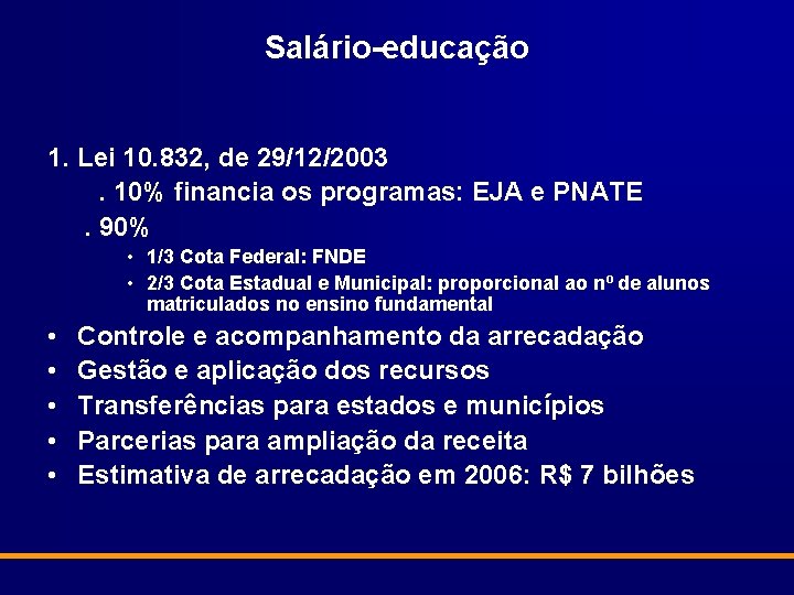 Salário-educação 1. Lei 10. 832, de 29/12/2003. 10% financia os programas: EJA e PNATE.