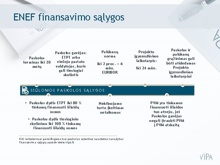 ENEF finansavimo sąlygos Paskolos terminas iki 20 metų Paskolos gavėjas: ETPT arba viešojo pastato