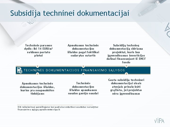 Subsidija techninei dokumentacijai Techninės paramos dydis: iki 14 EUR/m² valdomo pastato plotui Apmokamos techninės