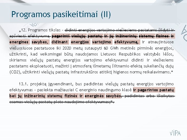 Programos pasikeitimai (II) „ 12. Programos tikslas – didinti energijos vartojimo viešiesiems pastatams šildyti