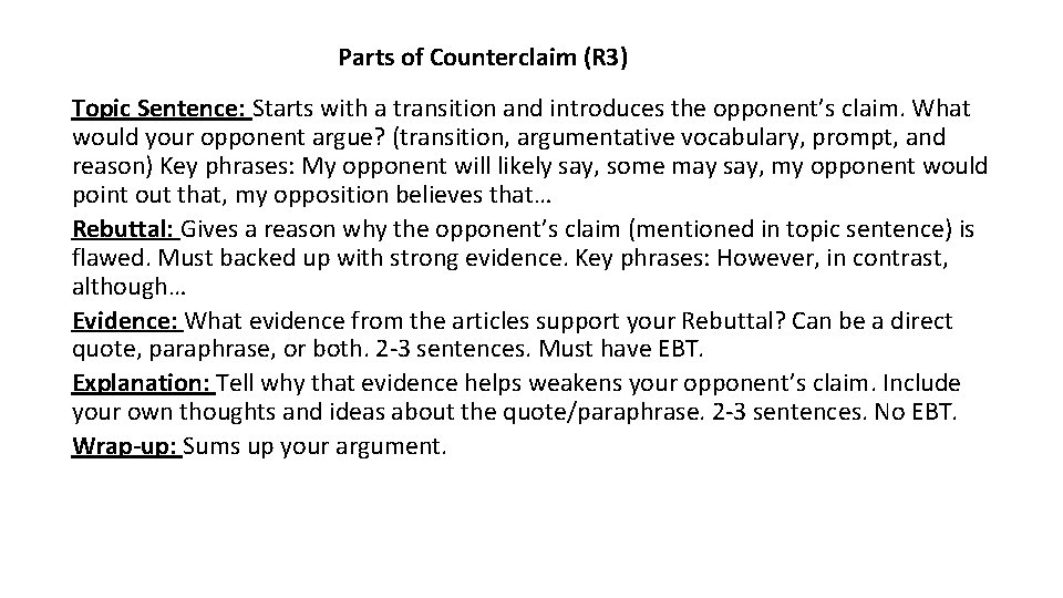 Parts of Counterclaim (R 3) Topic Sentence: Starts with a transition and introduces the