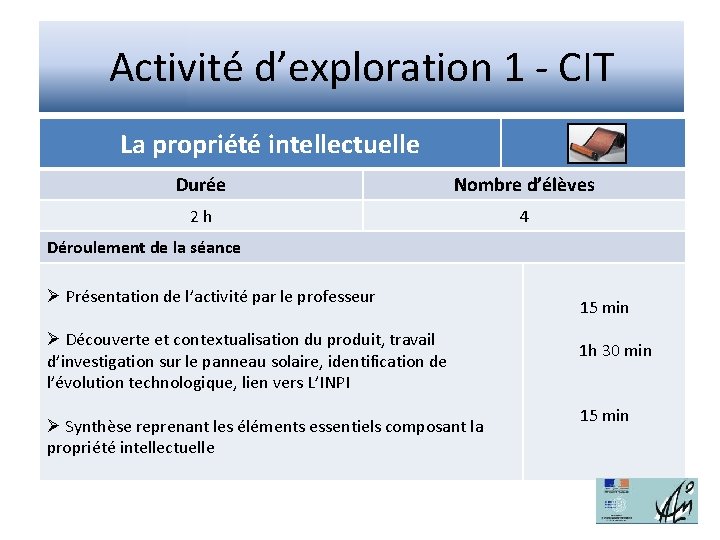 Activité d’exploration 1 - CIT La propriété intellectuelle Durée Nombre d’élèves 2 h 4